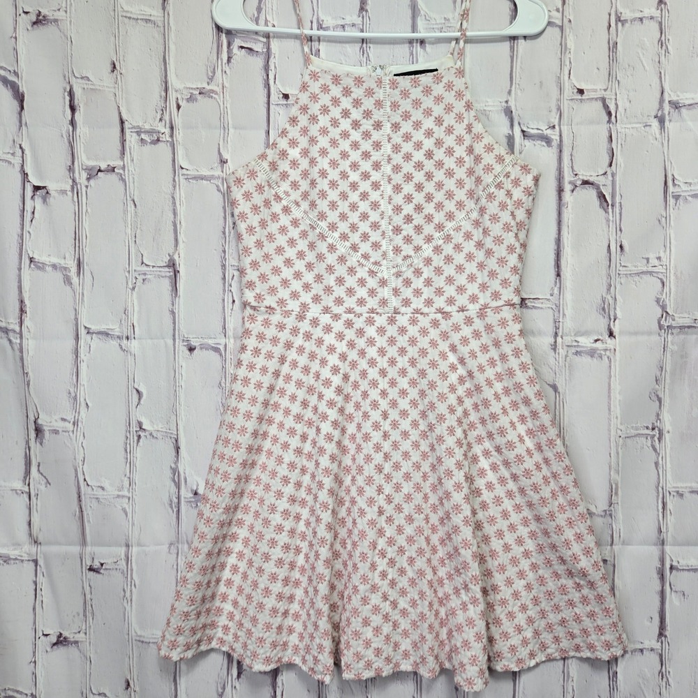 Y2K Trixxi Pink Floral Embroidered Flare Dress White Cotton Halter Small Texture